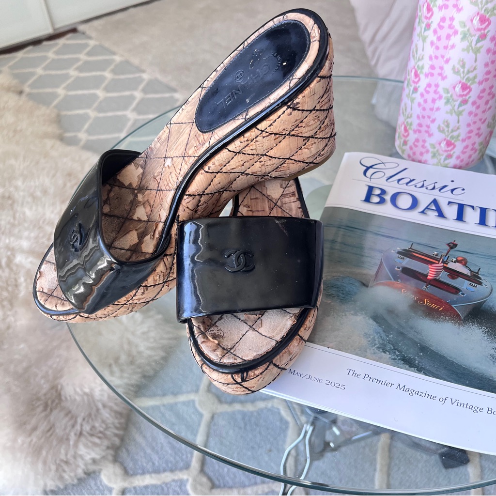 Chanel Black Patent Leather Mules With Tan Wedge